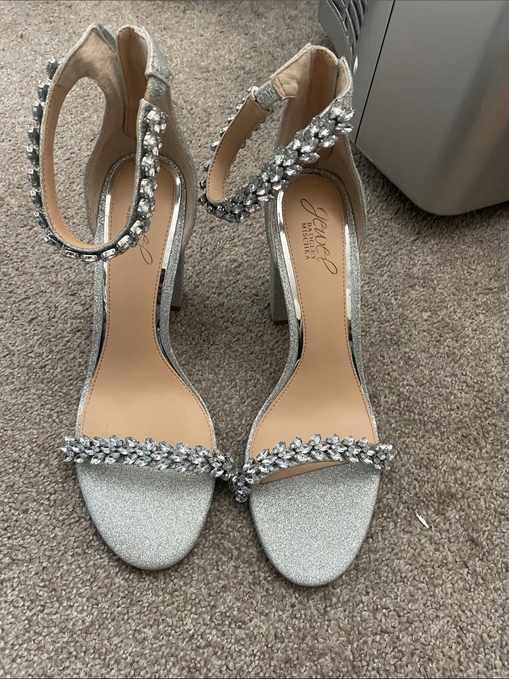 Badgley Mischka Silver Crystal-Strap Block Heel Sandals